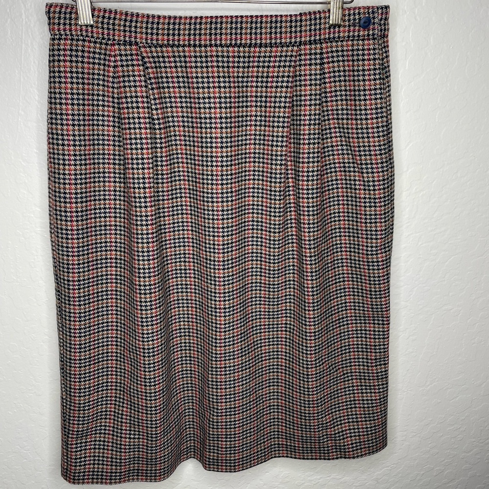 Leslie Fay Skirt Women Sz. 14 Houndstooth Pocket Wool Blend Midi Capsule Vintage